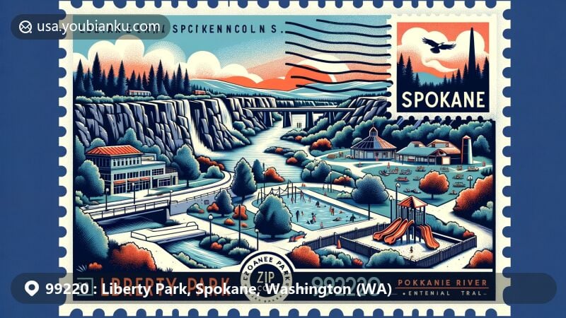 Modern illustration of Liberty Park in Spokane, Washington, blending postal elements with local landmarks, featuring playground, basalt ruins, Liberty Park Aquatic Center, and Spokane River Centennial Trail.