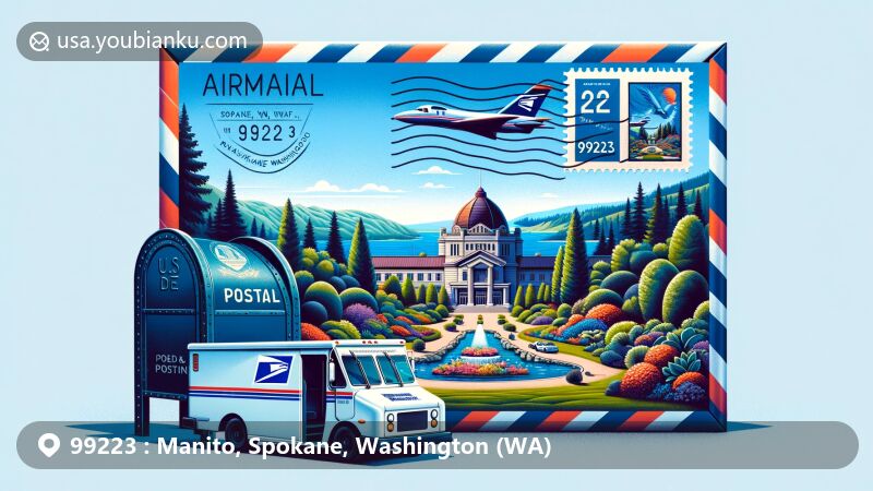 Modern illustration of Manito Park and Botanical Gardens in Manito, Spokane, Washington, featuring airmail envelope with ZIP code 99223, stamp of Washington State, postmark of Manito Park, traditional U.S. mailbox, and postal vehicle.