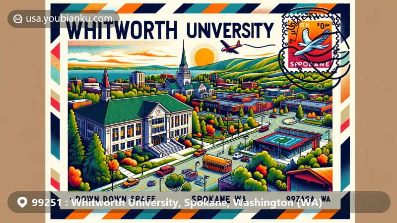 Modern illustration of Whitworth University in Spokane, Washington, featuring Green Bluff, downtown Spokane, and Gonzaga University, with postal elements like a stamp and postmark 'Spokane, WA 99251'.