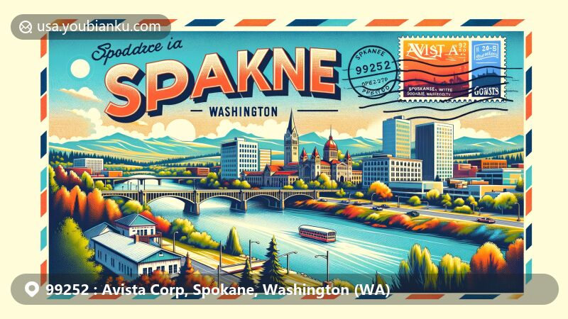 Modern illustration showcasing Spokane, Washington, with ZIP code 99252, featuring Monroe Street Bridge, Green Bluff, Gonzaga University, and Spokane River against a vintage postcard backdrop. Includes postal elements like stamps, postmark, and envelope edges in a colorful and tasteful design.
