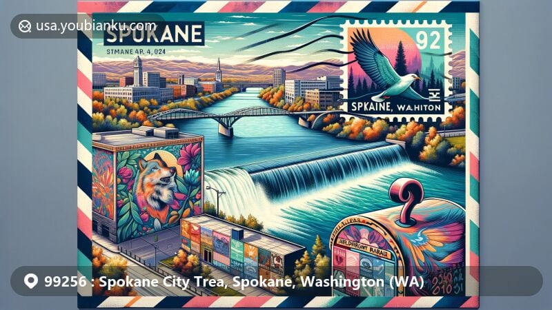 Modern illustration of the '99256' area, Spokane City Trea, Spokane, WA, showcasing cultural heritage and postal elements, with Riverfront Park and Spokane Falls in the background, featuring local murals in abstract and photorealistic styles, paying homage to indigenous cultures. Overlaid on an air mail envelope with ZIP code '99256,' postage stamp of Spokane River, postal mark, and mailbox motifs from sister cities.