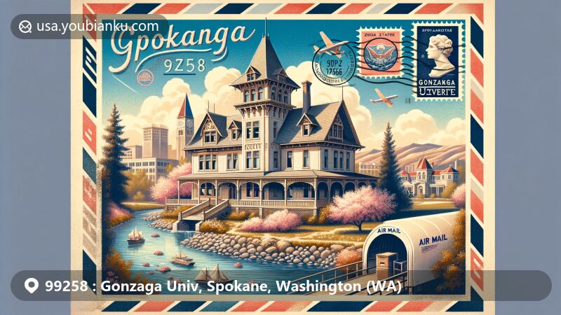 Modern illustration of Bing Crosby House at Gonzaga University in Spokane, Washington, portrayed within a vintage air mail envelope with cherry blossoms and Spokane River, highlighting ZIP code 99258 and Gonzaga University landmarks.