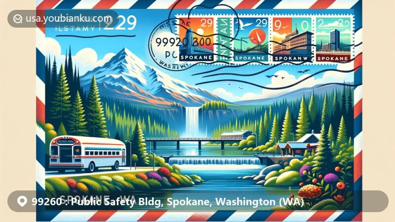 Modern illustration of Public Safety Bldg in Spokane, Washington, featuring air mail envelope with vibrant stamps of Riverfront Park, Spokane Falls, and Centennial Trail, set against backdrop of Mount Spokane State Park.
