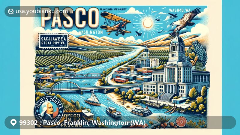Modern illustration of Pasco, Washington, displaying postal theme with rivers' confluence, Sacajawea State Park, Franklin County courthouse, and sunny vineyard backdrop, capturing the city's natural beauty and historical significance.