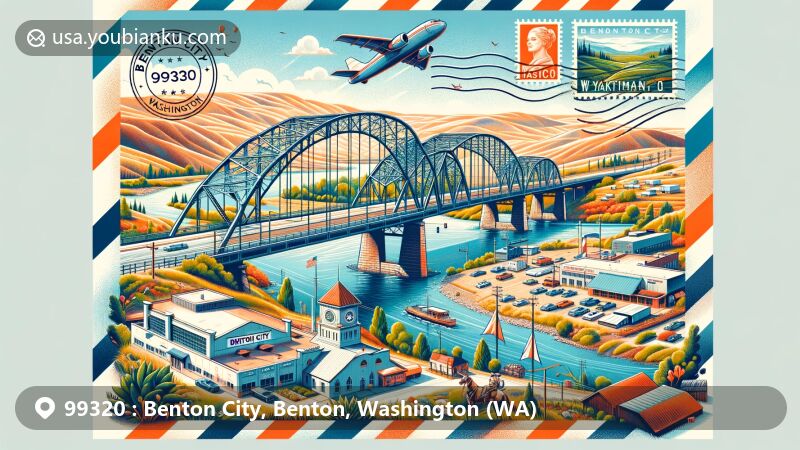 Modern illustration of Benton City, Benton County, Washington, showcasing postal theme with ZIP code 99320, featuring iconic Benton City - Kiona Bridge over the Yakima River and local cultural events like Winterfest and Benton City Daze.
