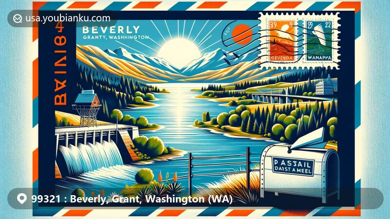 Modern illustration of Beverly, Grant County, Washington, featuring ZIP code 99321 and local landmarks like the Columbia River, Wanapum Dam, and Ginkgo Petrified Forest State Park, with artistic postal elements including stamps, vintage mailbox, and postmark.