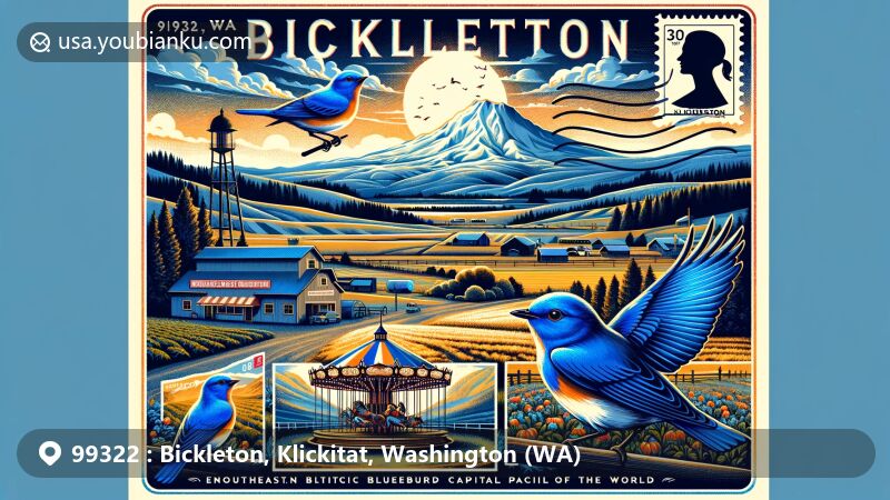 Modern illustration of Bickleton, Klickitat County, Washington, depicting Bluebird Capital of the World with Herschell-Spillman carousel from Pioneer Picnic, set against scenic backdrop of Mt. Adams and Mt. Hood.