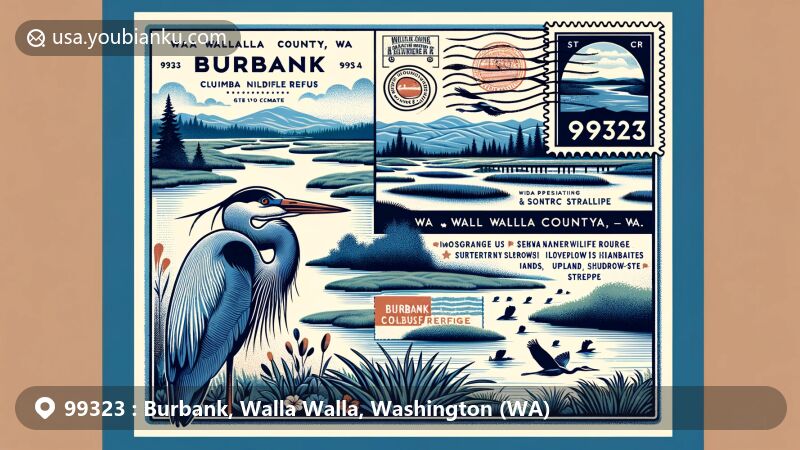 Modern illustration of Burbank, Walla Walla County, Washington, showcasing the confluence of the Snake and Columbia Rivers, with elements of McNary National Wildlife Refuge and semi-arid climate, featuring a stamp-like design with a great blue heron symbolizing rich birdlife.