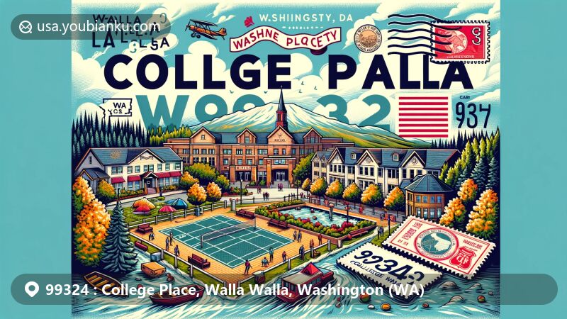 Colorful illustration of College Place, Washington, encapsulating vibrant college town vibe with Walla Walla University at the center, integrating outdoor activities and community atmosphere, featuring Washington state flag and postal symbols like vintage postcard, state outline stamp, and postal mark with ZIP code 99324.