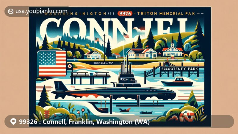 Modern illustration of Connell, Washington showcasing postal theme with ZIP code 99326, featuring Scooteney Park and USS Triton Submarine Memorial Park.
