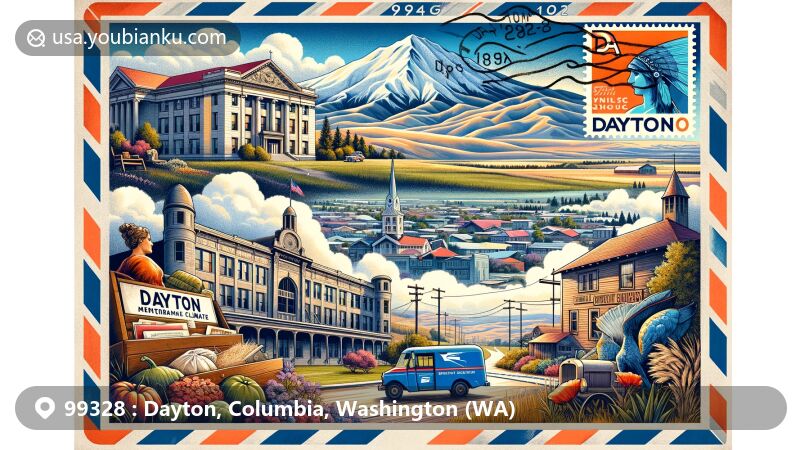 Modern illustration of Dayton, Columbia, WA, representing ZIP code 99328 and Mediterranean climate, featuring Blue Mountains backdrop, Palus Museum, Smith Hollow Country Schoolhouse, and Sacajawea Statue.