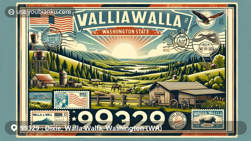 Modern illustration of Dixie, Walla Walla County, Washington State, capturing tranquil natural beauty and outdoor activities, featuring Washington State symbols and a vintage air mail postal theme with ZIP code 99329.