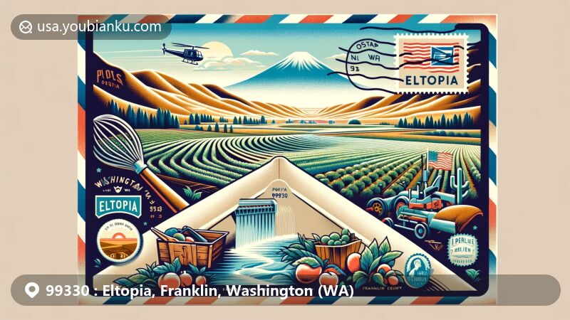 Modern illustration of Eltopia, Washington, blending rural charm (ZIP code 99330) with postal elements, featuring irrigated fields, orchards, and grassy hills, along with vintage airmail visuals.