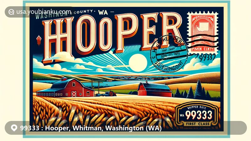 Modern illustration of Hooper, Washington, showcasing postal theme with ZIP code 99333, featuring Palouse Region landscape, red barn, wheat field, and Washington State flag.