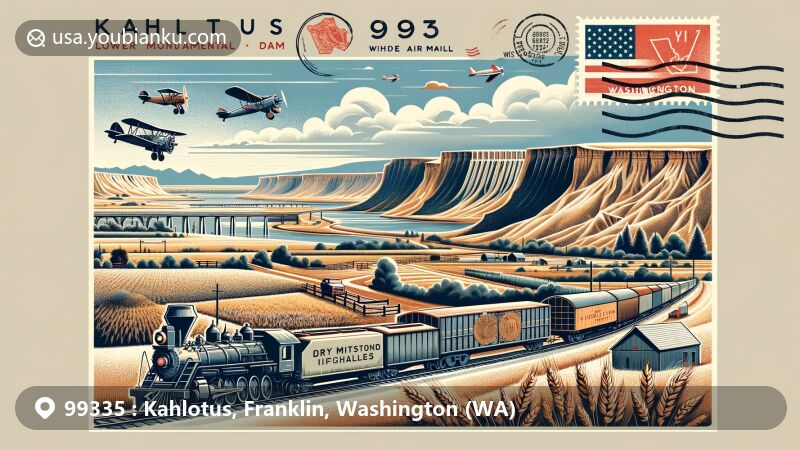 Modern illustration of Kahlotus, Franklin County, Washington, showcasing postal theme with ZIP code 99335, featuring German immigrant settlers, railroad history, Lower Monumental Dam, wheat fields, cattle, coulee formations, and Washington state flag.
