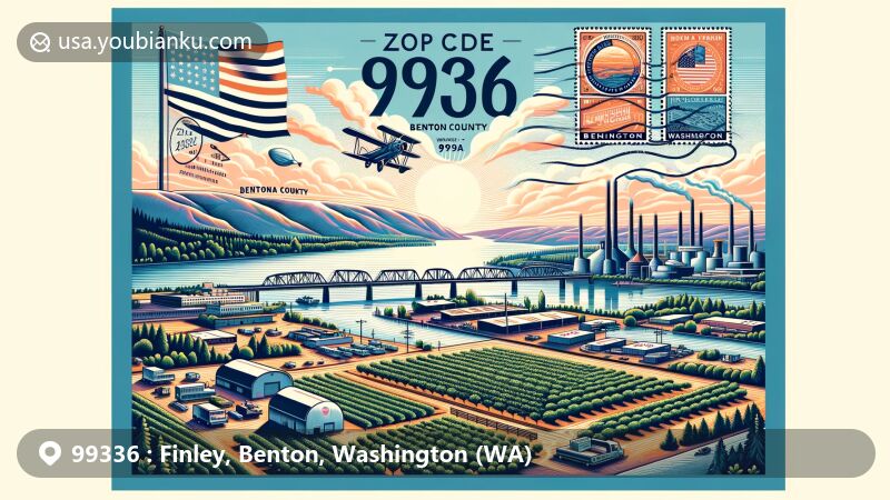 Modern illustration of Finley, Benton County, Washington State, showcasing the scenic Columbia River with industrial complexes and orchards, incorporating Washington State flag, Benton County outline, and postal theme with a creatively designed postcard and stamps.