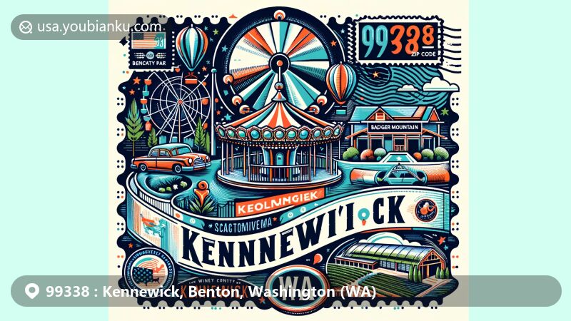Modern illustration of Kennewick, Benton County, Washington, showcasing postal theme with ZIP code 99338, featuring Gesa Carousel of Dreams, Columbia Park, Sacagawea Heritage Trail, Badger Mountain Vineyard, and Benton County map outline.
