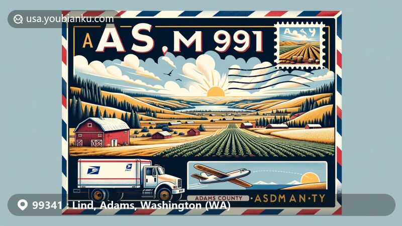 Modern illustration of Lind, Adams County, Washington, depicting unique geographical features and semi-arid climate, with Lind Coulee and agricultural landscapes, framed by an airmail envelope showcasing rolling farmlands and hills under a clear sky. Postal stamp featuring Lind Coulee and postal truck symbolizing mail delivery in this diverse landscape.