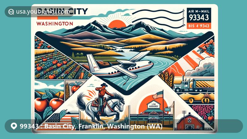 Modern illustration showcasing Basin City, Franklin, Washington with air mail envelope featuring ZIP Code 99343, apple orchards, wheat fields, and Basin City Freedom Rodeo activities like bull riding. Background includes Columbia River, Rattlesnake Mountain, and Basin Hill.