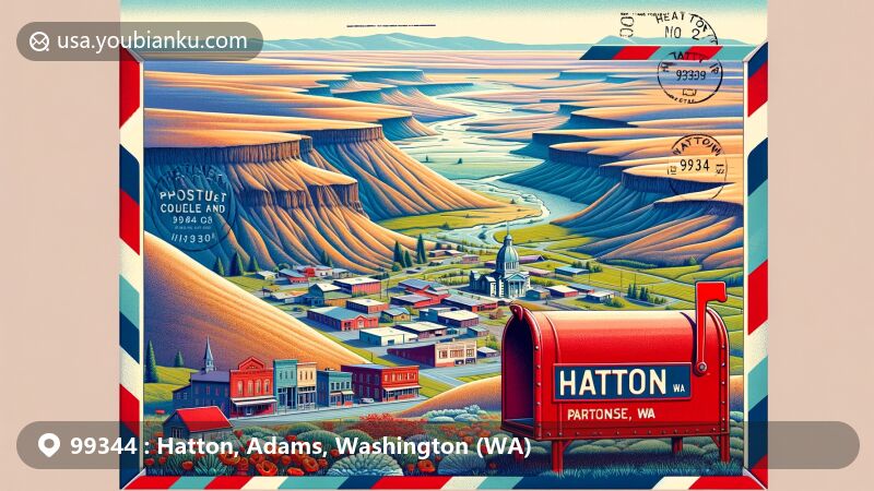 Modern illustration of Hatton, Washington, highlighting ZIP code 99344 and its distinctive geography in the Channeled Scablands. Features a red postal mailbox, warehouses, stores, and a school, along with elements symbolizing small-town allure and history.