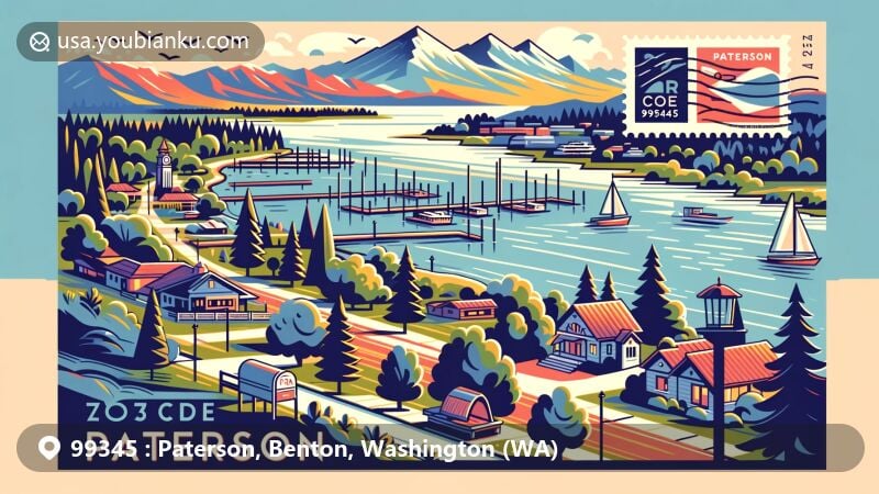 Modern illustration of Paterson, Benton, Washington (WA) with postal theme showcasing ZIP code 99345, featuring Columbia River, Crow Butte Park, and Cascade Mountains.