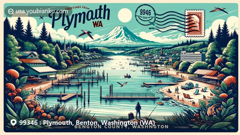 Modern illustration of Plymouth, Benton County, Washington, highlighting postal theme with ZIP code 99346, featuring Columbia River, Mount Rainier, and outdoor activities like hiking and fishing.