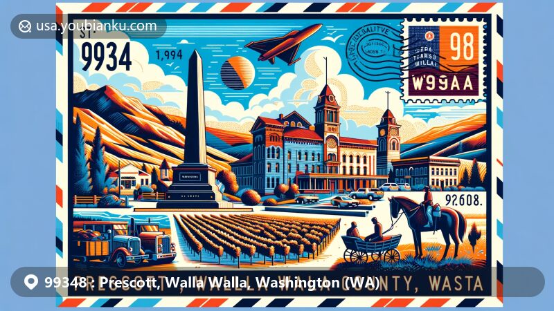 Modern illustration of Prescott, Walla Walla County, Washington, showcasing postal theme with ZIP code 99348, featuring Whitman Mission National Historic Site, Marcus Whitman Hotel, vineyards, outdoor sculptures, and airmail elements.