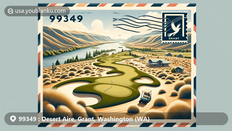 Modern illustration of Desert Aire, Grant, Washington, showcasing postal theme with ZIP code 99349, featuring picturesque golf course, Columbia River, and Washington State silhouette.
