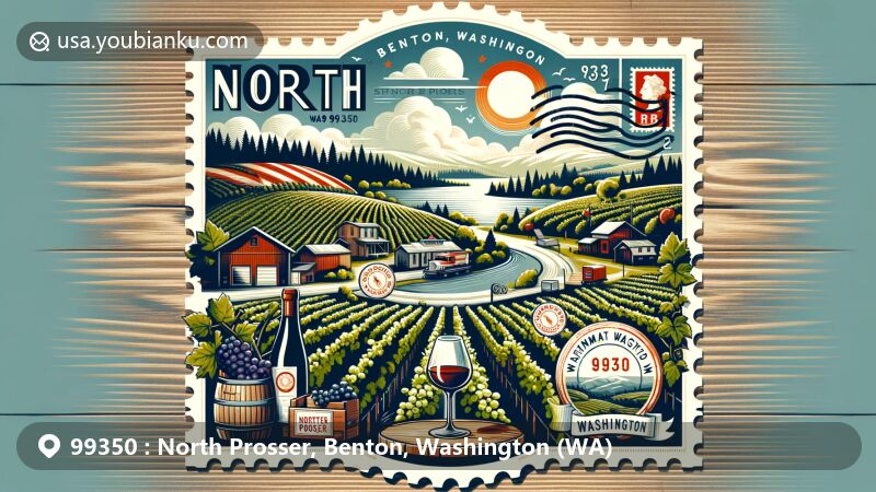 Creative illustration of North Prosser, Benton, Washington (WA), featuring winery and vineyard elements, the Benton County map, and Washington state flag.