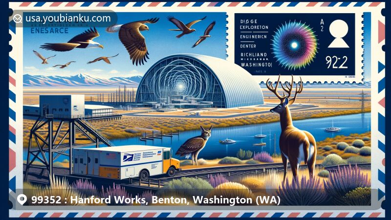 Modern illustration of the ZIP code 99352 in Richland, Washington, showcasing Hanford Site, LIGO Exploration Center, and desert wildlife within a stylized envelope.