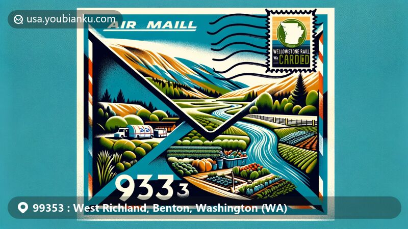 Modern illustration of West Richland, Washington, representing ZIP Code 99353 with a postal theme, featuring air mail envelope, stamp of Washington state, Yakima River, Yellowstone Trail Community Garden, and desert-green landscape.