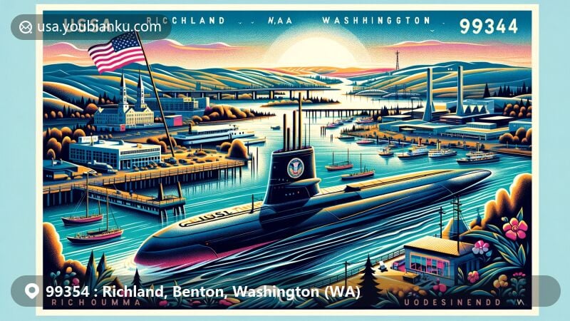 Modern illustration of Richland, Washington, featuring USS Triton Sail Park, Yakima and Columbia Rivers confluence, Richland flag, and Hanford nuclear site, encapsulating naval and scientific history.
