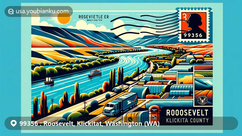 Modern illustration of Roosevelt, Klickitat County, Washington, inspired by ZIP code 99356, featuring the scenic Columbia River, Roosevelt Regional Landfill, and postal elements integrated with the landscape and local culture.