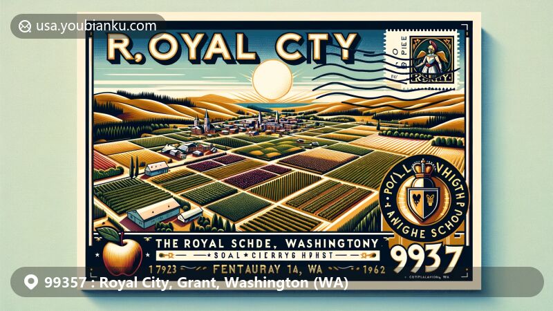 Modern illustration of Royal City, Washington, showcasing postal theme with ZIP code 99357, highlighting agricultural richness with apple orchards, vineyards, and the Royal Slope AVA designation.