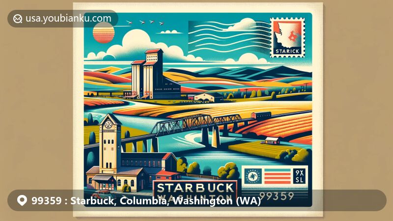 Modern illustration of Starbuck, Washington, showcasing the iconic Joso Bridge, rolling hills, and agricultural landscape, capturing the area's natural beauty and heritage, with a hint of the semi-arid climate. A traditional grain elevator and state symbols decorate the postcard frame mimicking an air mail envelope, featuring postal elements like a vintage stamp of Palouse Falls, a postmark with 'Starbuck, WA 99359,' and a classic mailbox.