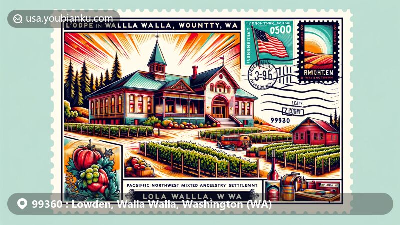 Modern illustration of Lowden, Walla Walla County, Washington, showcasing historic Frenchtown School (L'Ecole No. 41 winery), Pacific Northwest mixed ancestry settlement, and vineyards reflecting winemaking heritage.