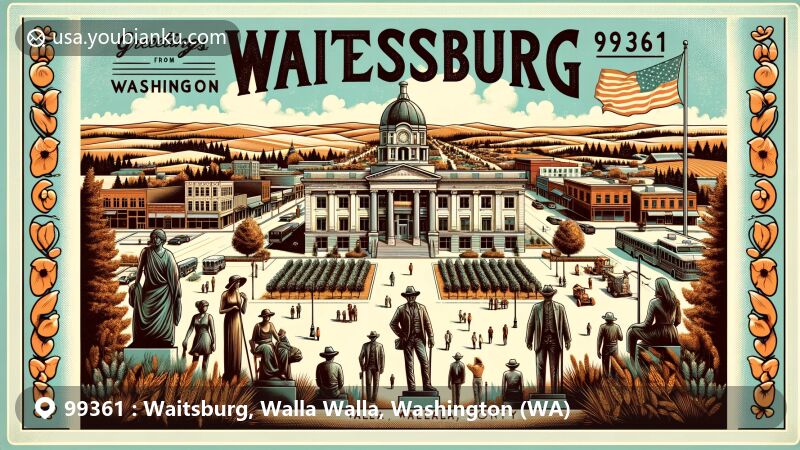 Vintage-style postcard illustration of Waitsburg, Walla Walla County, Washington State, showcasing downtown aerial view, Bruce Memorial Museum, public artwork, and agricultural landscape.
