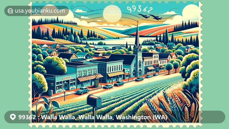 Modern illustration of Walla Walla, Washington, portraying the 99362 zipcode area with vineyards, downtown scene, and agricultural elements, resembling a postcard with postal references.