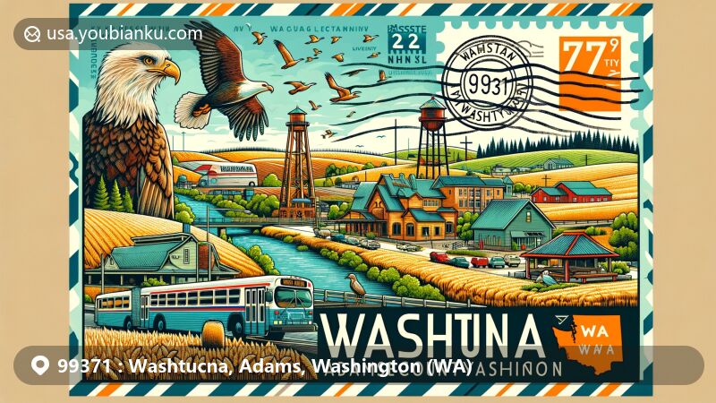 Illustration of Washtucna, Adams County, Washington with wheat fields, Palouse Falls, Bassett Park, and local landmarks. Featuring postal theme with ZIP code 99371, including Washtucna Museum and That NW Bus.