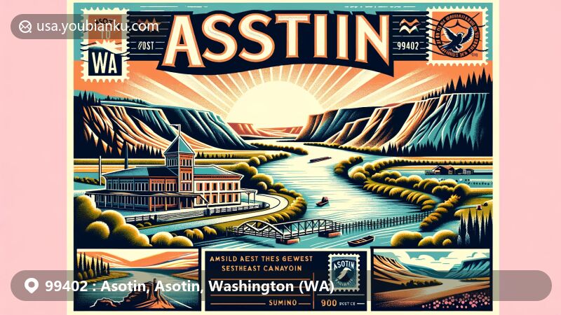 Modern illustration of Asotin, Asotin County, Washington, representing ZIP code 99402 with a postcard design. Features geographic location along Snake River, gateway to Hells Canyon, natural beauty of mild winters, sunny summers, and sunsets. Highlights confluence of Snake River and Asotin Creek, rolling hills, vintage postage stamp, 'Asotin, WA 99402' postal mark, old-fashioned post office imagery. Colorful, welcoming style depicts friendly community, suitable for webpage showcasing ZIP Code 99402.