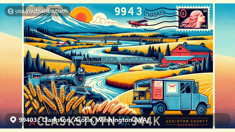 Modern illustration of Clarkston, Asotin County, Washington, showcasing regional and postal features, including Snake and Clearwater Rivers confluence, wheat fields, Lewiston-Clarkston Bridge, vintage postage stamp with ZIP code 99403, envelope, and postal delivery truck.
