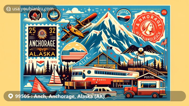 Modern illustration of Anchorage, Alaska, highlighting iconic landmarks and postal elements for ZIP code 99505, including Alaska Native Heritage Center, Chugach State Park, Flattop Mountain, and Portage Glacier.