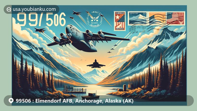 Modern illustration of Elmendorf AFB, Anchorage, Alaska, depicting aviation theme with C-17 Globemaster or F-22 Raptor, symbolizing 3rd Wing and 673d Air Base Wing at sunrise or sunset against snow-capped mountains and forests.