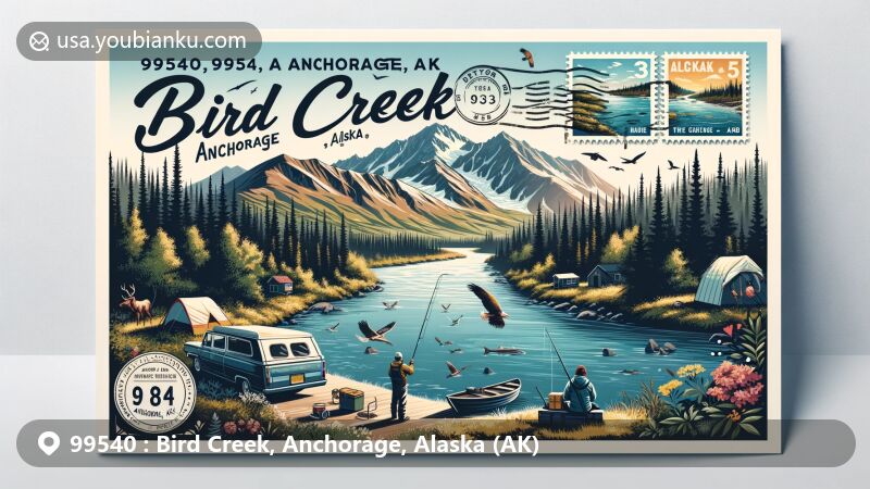 Modern illustration of Bird Creek, Anchorage, Alaska, showcasing outdoor activities in the 99540 ZIP code area, including fishing, camping, and hiking, surrounded by natural beauty like the Chugach Mountains, wildlife, and lush forests.