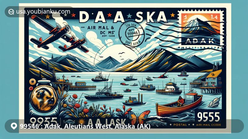 Modern illustration of Adak, Alaska, with ZIP code 99546, featuring postcard design capturing rugged landscape, subpolar climate, outdoor activities, and iconic landmarks like Kuluk Bay and Aleutian Islands chain.