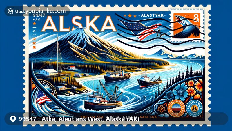 Modern illustration of Atka, Aleutians West, Alaska, featuring Korovin Volcano and the rugged terrain of Atka Island, highlighting Aleut heritage, fishing industry, and symbols of Alaska.