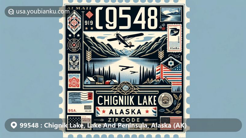 Modern illustration of Chignik Lake, Alaska, emphasizing ZIP code 99548, set against the backdrop of southeast Alaska Peninsula's rugged terrain and water, showcasing Alutiiq cultural elements and postal theme with air mail envelope and vintage postage stamp.