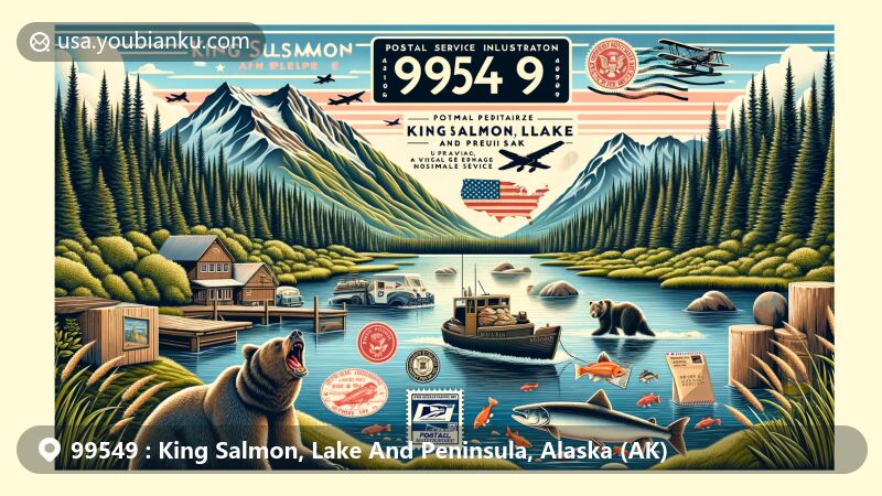 Modern illustration of King Salmon, Lake And Peninsula, Alaska, reflecting postal theme with ZIP code 99549, featuring natural landscapes and wildlife of Katmai National Park.
