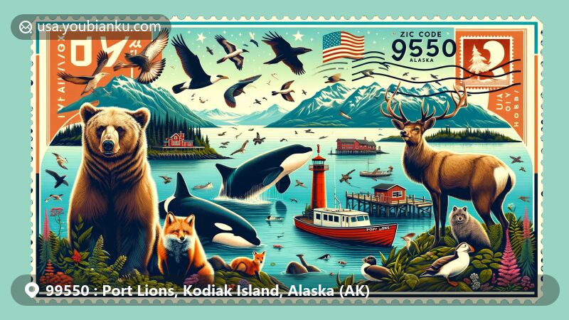Vibrant illustration of Port Lions, Kodiak Island, Alaska, blending wildlife and postal themes, featuring Kodiak brown bears, humpback whales, orcas, sea lions, puffins, foxes, deer, eagles, state symbols, vintage postcard, and '99550' ZIP code.