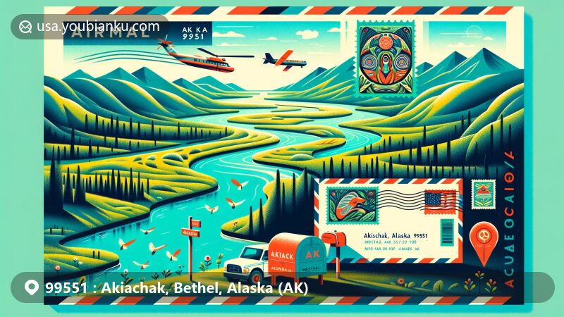 Modern illustration of Akiachak, Alaska, featuring airmail envelope with Kuskokwim River postcard, Yup’ik cultural motifs, and postal symbols like stamp, postmark, mailbox, and mail truck.